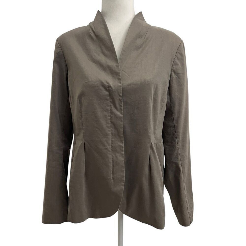 Eileen Fisher Gray Ramie-Silk Blend Light-weight Medium Zip Long Sleeve Blazer J